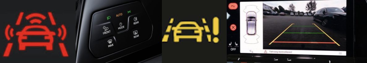 Overzicht van pictogrammen van veelvoorkomende rijhulpsystemen in een auto