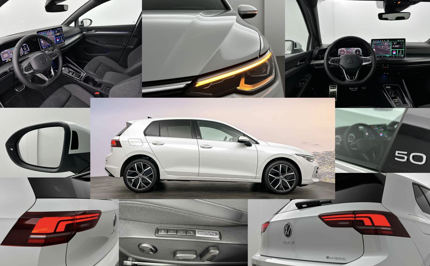 Details van de Volkswagen Golf e-Hybrid 50 Edition, van koplamp en spiegel tot stoelen en achterlicht