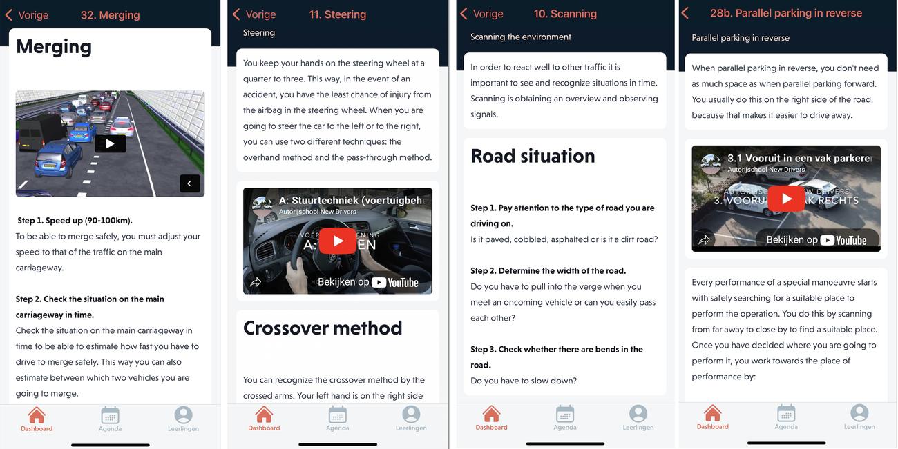 Screens of the ON MY WAY app in English, explaining merging, steering, scanning and parallel parking