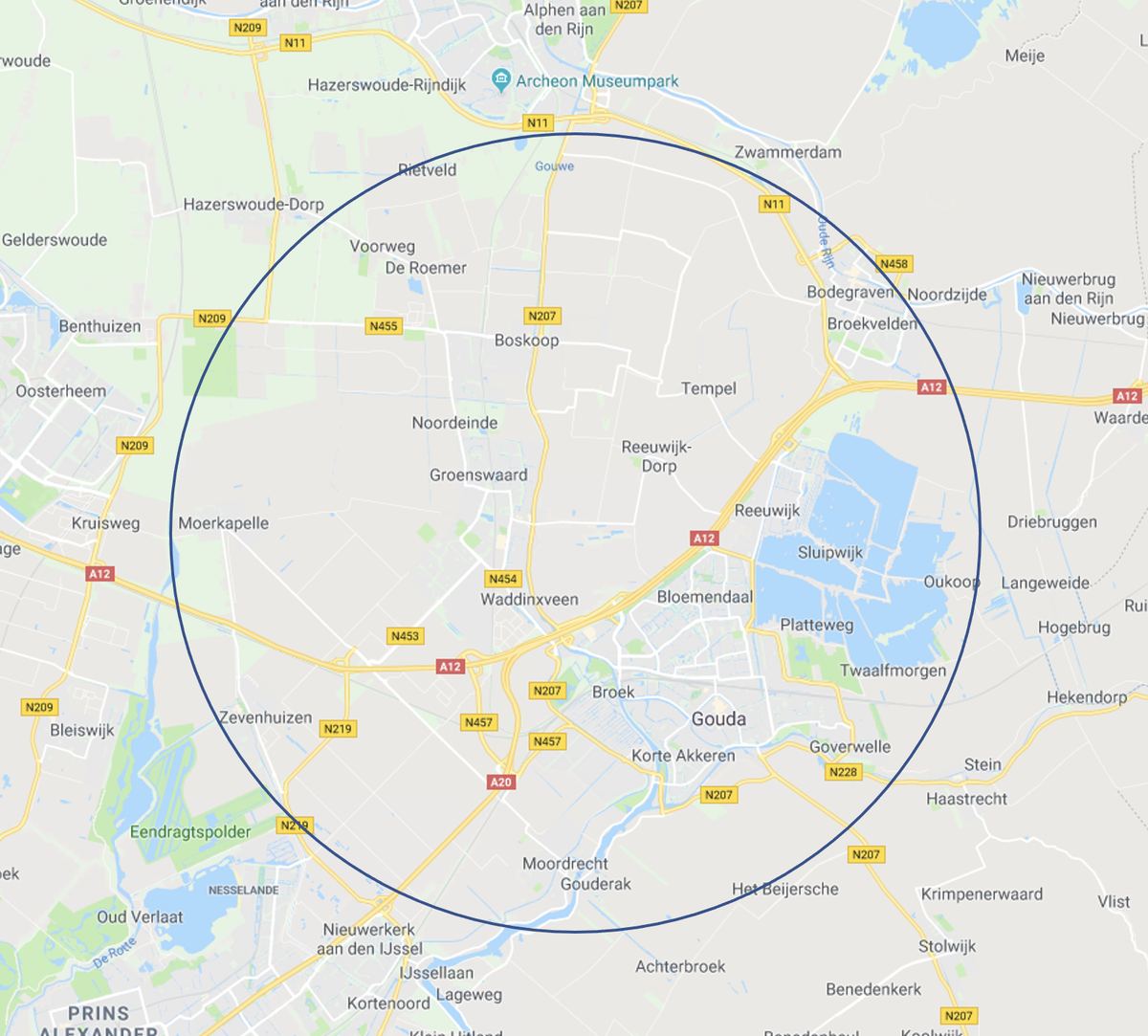 Kaart van het werkgebied van New Drivers rond Waddinxveen, met Boskoop, Gouda, Reeuwijk, Moordrecht, Moerkapelle en Bodegraven